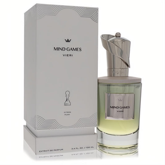 Mind Games Vieri 3.4 oz unisex extrait de parfum. Clear bottle with light green liquid, sleek silver sculptural cap, and white luxury box.