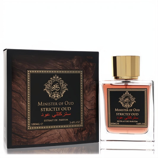 Luxurious Minister Of Oud Strictly Oud 3.4 oz extrait de parfum in a clear bottle with a gold cap and elegant black and wood-grain box.