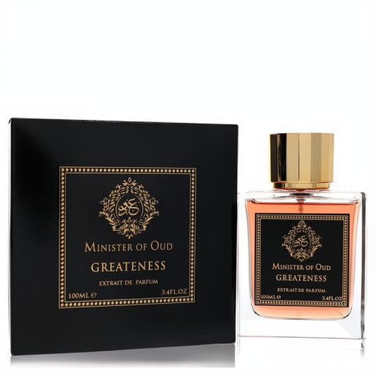 Minister of Oud Greatness 3.4 oz Extrait de Parfum. Luxurious clear bottle with amber liquid, gold cap, and elegant black & gold box.