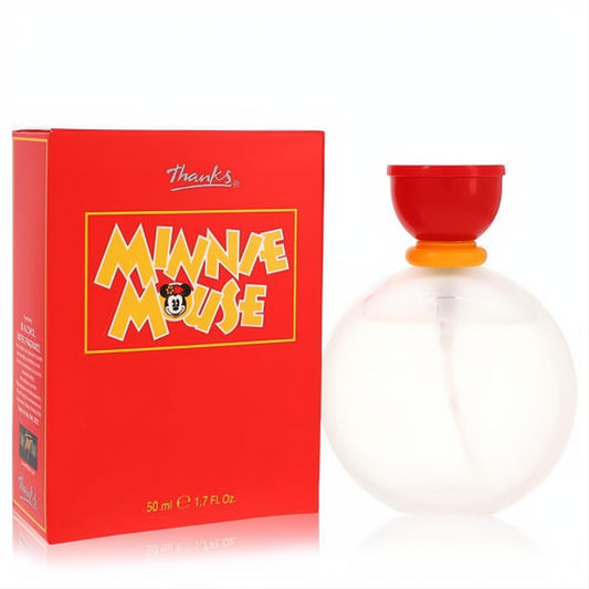 Minnie Mouse 1.7 oz Eau De Toilette spray: a frosted round bottle with a red and orange cap, next to its iconic red box featuring Minnie's logo.
