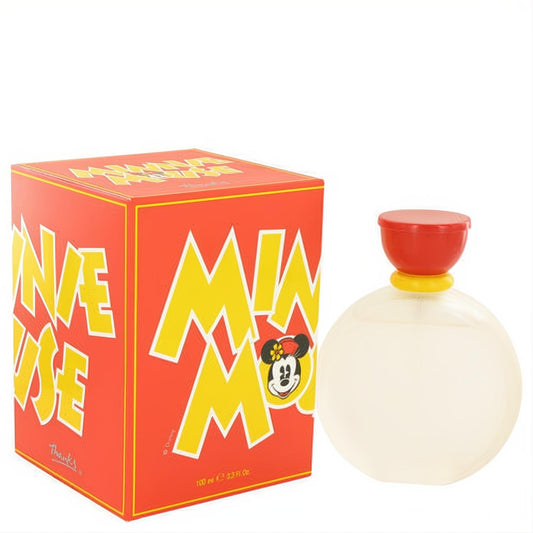 Charming Disney Minnie Mouse 3.4 oz EDT spray. Iconic red box with yellow text & Minnie graphic, clear round bottle & red cap.