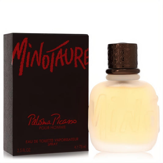Minotaure by Paloma Picasso 2.5 oz EDT spray. Iconic frosted glass bottle with sculpted details, dark cap, and sleek black box with red text.