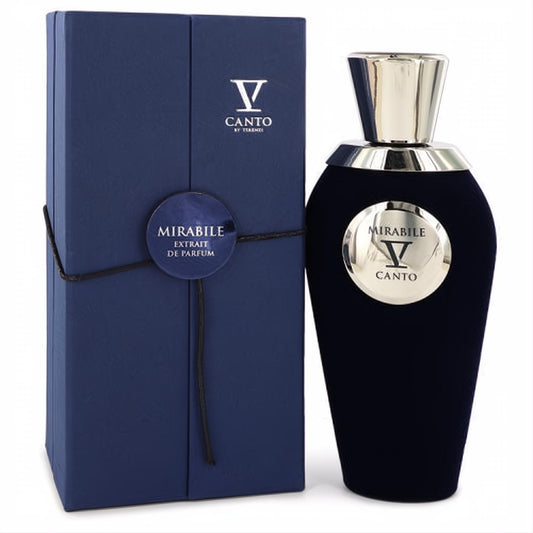 Elegant Mirabile V Canto 3.38 oz unisex perfume bottle in dark blue velvet with silver accents, beside its matching navy gift box.