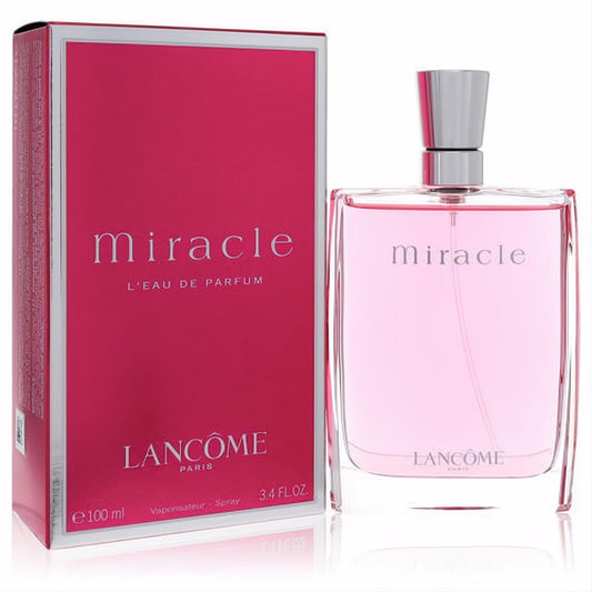 Iconic Lancôme Miracle 3.4 oz Eau De Parfum spray in a stunning fuchsia box and sleek clear glass bottle.