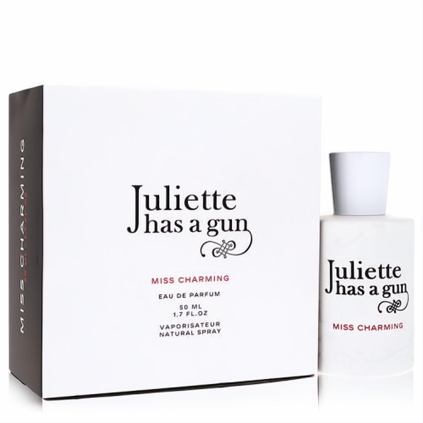 Chic Juliette Has a Gun Miss Charming 1.7 oz women's Eau de Parfum spray in a sleek white bottle and matching box.