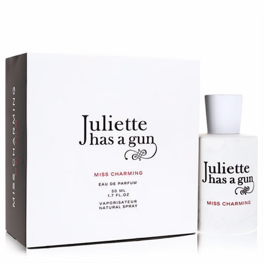 Chic Juliette Has a Gun Miss Charming 1.7 oz women's Eau de Parfum spray in a sleek white bottle and matching box.
