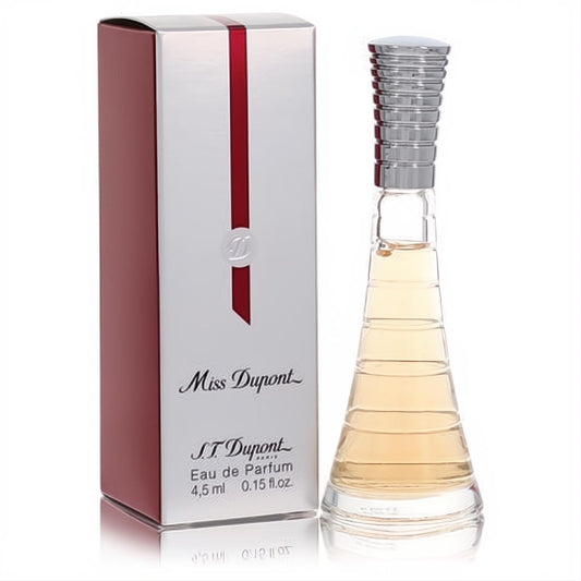 Miss Dupont .15 oz mini EDP. Elegant clear glass bottle with silver ribbed cap and its luxurious red & silver box.
