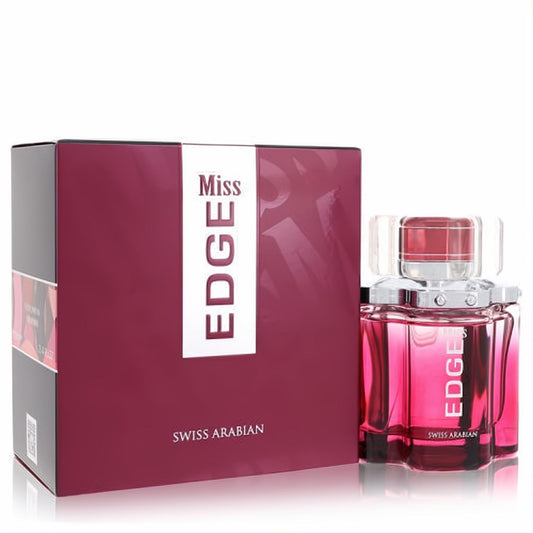 Miss Edge by Swiss Arabian Eau De Parfum: a modern pink faceted glass bottle and elegant magenta box.