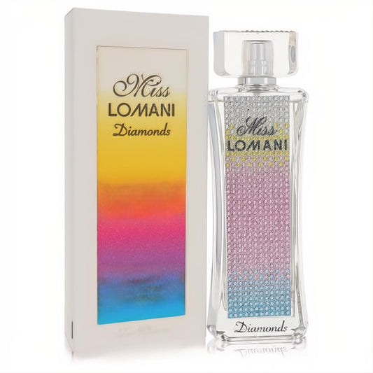Miss Lomani Diamonds 3.3 oz women's EDP, featuring a clear bottle with sparkling pink and blue crystal-like details, beside its vibrant box.