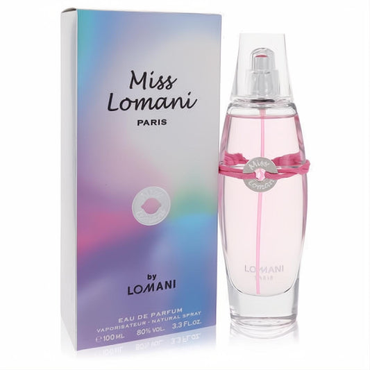 Miss Lomani Eau De Parfum 3.3 oz spray. Clear glass bottle with captivating pink fragrance, silver cap, and chic pink ribbon detail.