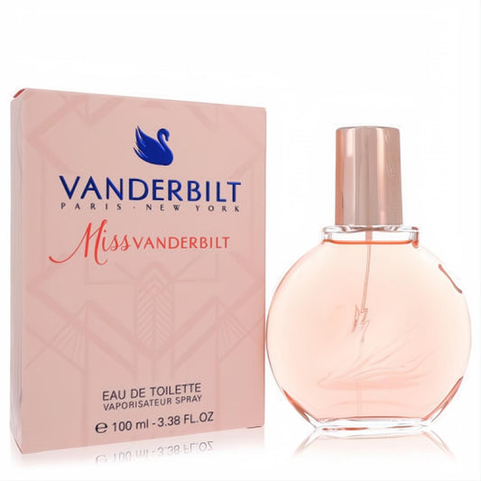 Miss Vanderbilt 3.3 oz Eau De Toilette. Elegant round pink bottle, rose gold cap, and chic swan logo box.