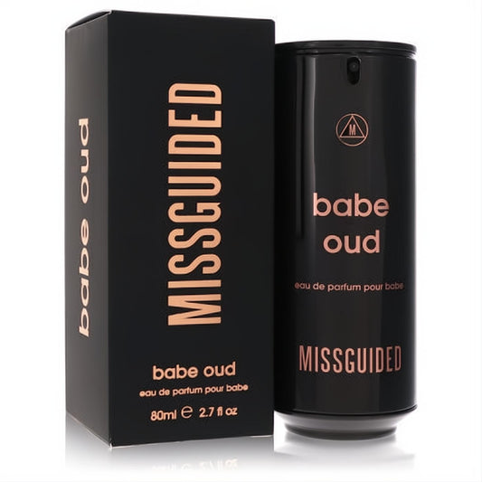 Missguided Babe Oud 2.7 oz Eau De Parfum. Sleek black bottle with elegant rose gold lettering, presented with its matching box.
