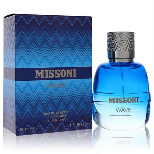 Missoni Wave men's 1.7 oz Eau de Toilette. Striking blue gradient bottle with silver cap, paired with its iconic wavy pattern box.