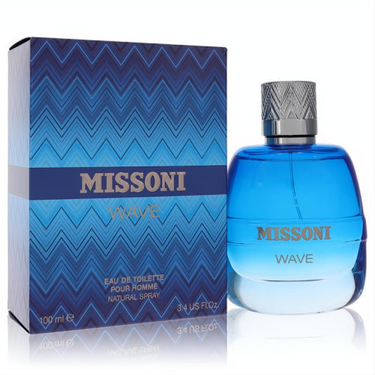 Captivating Missoni Wave 3.4 oz men's EDT. Sleek blue gradient glass bottle, silver cap, and stylish wavy box.