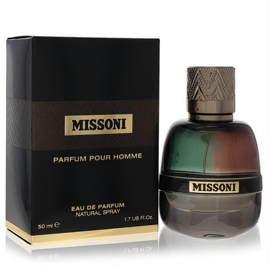 Missoni Men's Eau De Parfum 1.7 oz. Distinctive gradient bottle with gold band and textured cap. Elegant black and gold box.
