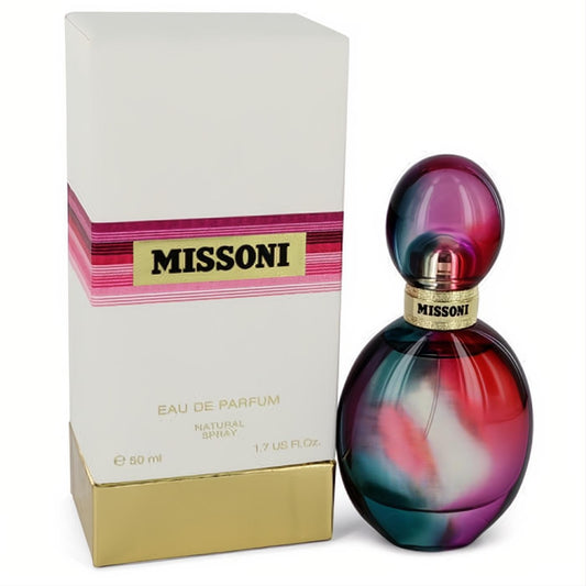 Missoni Eau De Parfum 1.7 oz for women. Captivating gradient bottle in pink, purple, and blue, paired with an elegant white and gold box.