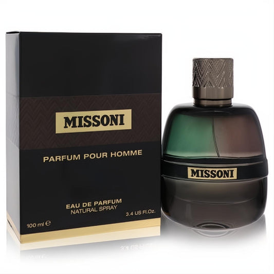 Luxury Missoni Men's Eau De Parfum 3.4 oz. Dark gradient glass bottle with gold band, textured cap, and sleek black box.