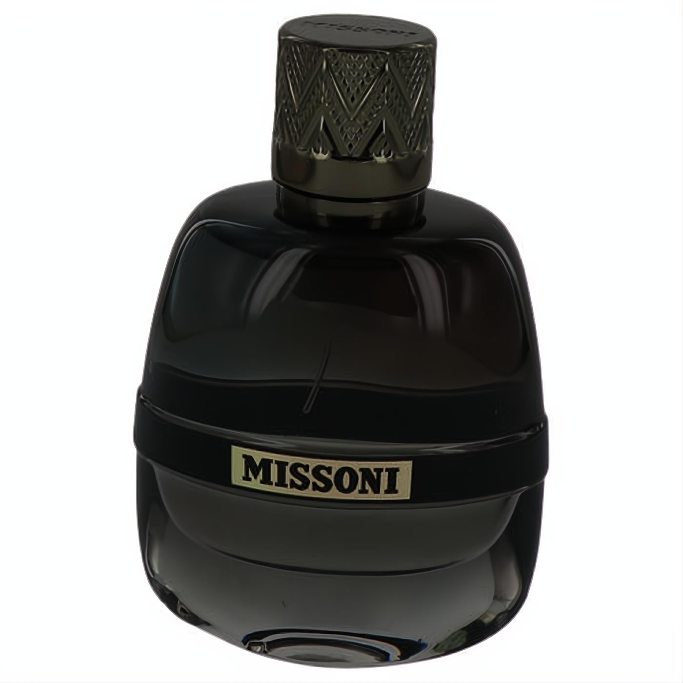 Sophisticated Missoni Men's Eau De Parfum tester, 3.4 oz. Dark glass bottle, gold label, and textured metallic cap.
