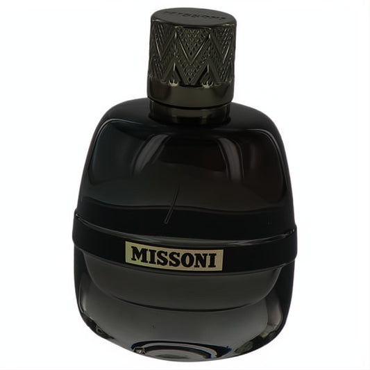 Sophisticated Missoni Men's Eau De Parfum tester, 3.4 oz. Dark glass bottle, gold label, and textured metallic cap.