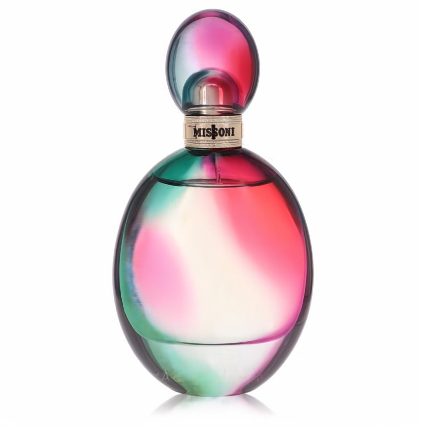 Missoni Eau De Parfum tester. Stunning oval glass bottle with a vibrant pink, fuchsia, and teal gradient, featuring a gold collar.
