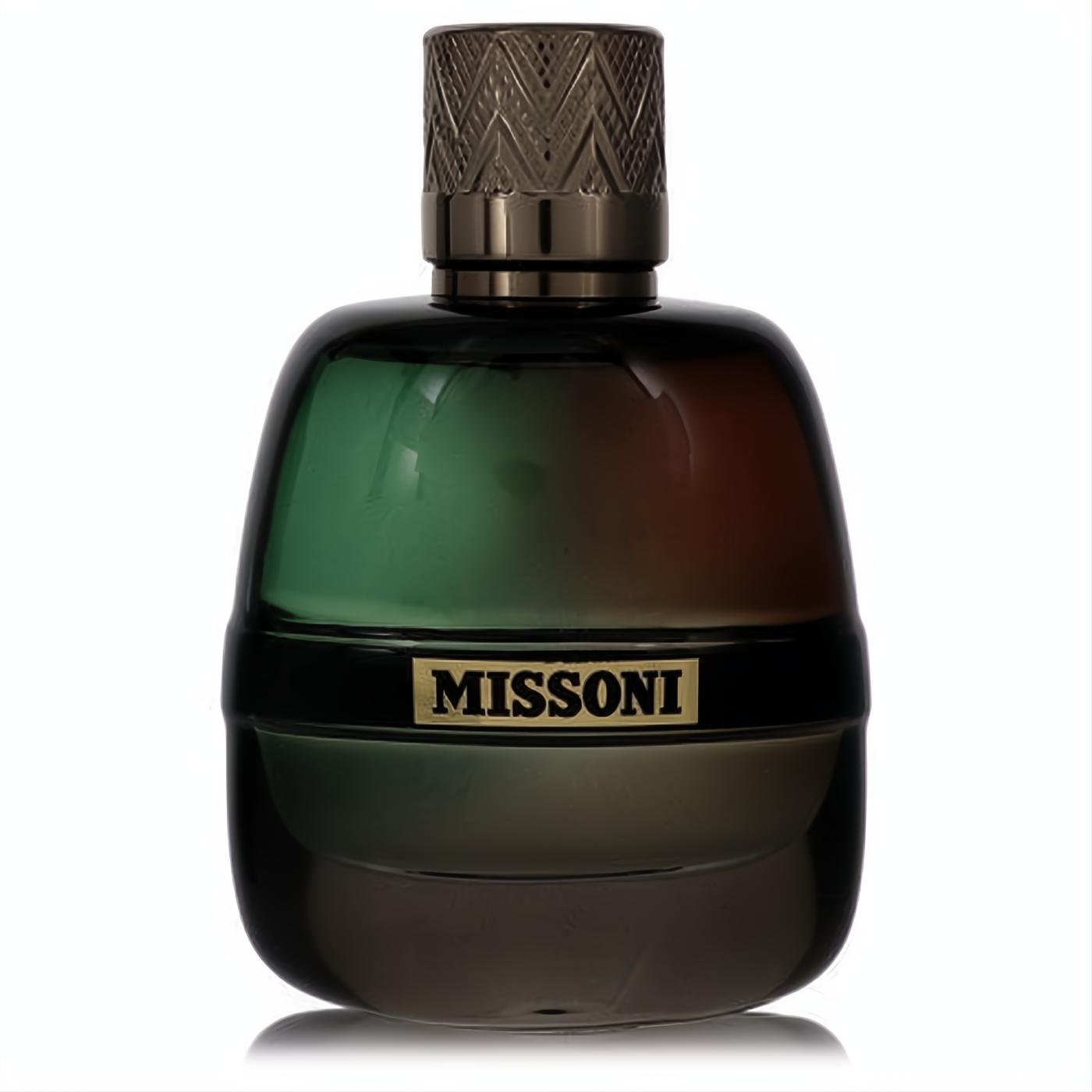 Missoni men's 3.4 oz cologne in a sleek dark green-brown gradient glass bottle with a gold logo and textured gunmetal cap.