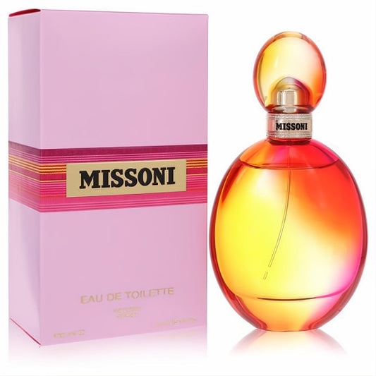 Missoni Eau De Toilette spray: a vibrant yellow-orange-red gradient spherical bottle with silver accents, next to its chic pink box.
