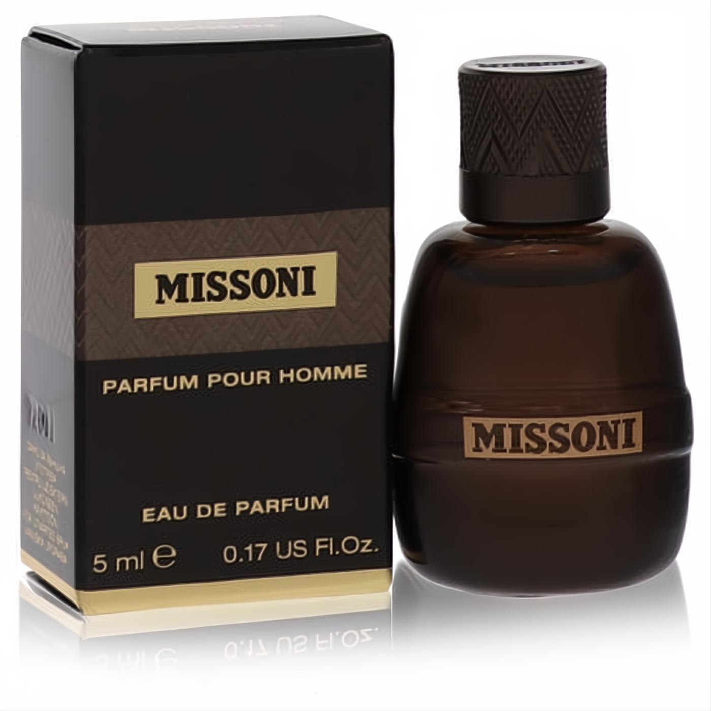 Discover Missoni Mini EDP .17 oz for men. Elegant dark brown bottle with textured cap, gold logo, and matching box.