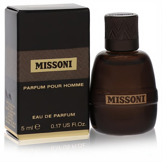 Discover Missoni Mini EDP .17 oz for men. Elegant dark brown bottle with textured cap, gold logo, and matching box.