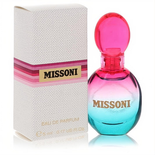 Vibrant Missoni Mini EDP .17 oz perfume. Features a chic pink-to-blue gradient glass bottle and elegant textured white box.