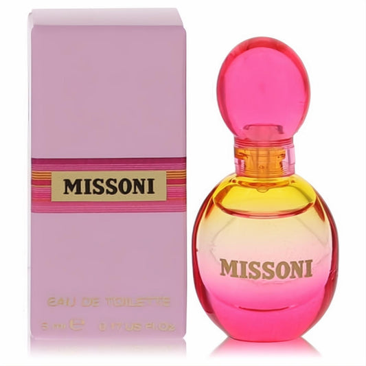 Vibrant Missoni Mini EDT for women, featuring a pink-to-yellow ombre glass bottle and elegant pink box with gold accents. 0.17 oz.