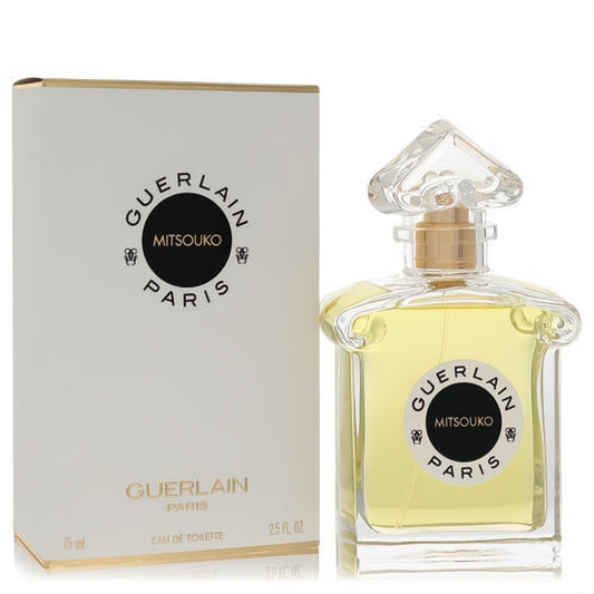 Guerlain Mitsouko 2.5 oz EDT in a timeless clear glass bottle with a faceted cap, gold neck, and elegant white box.