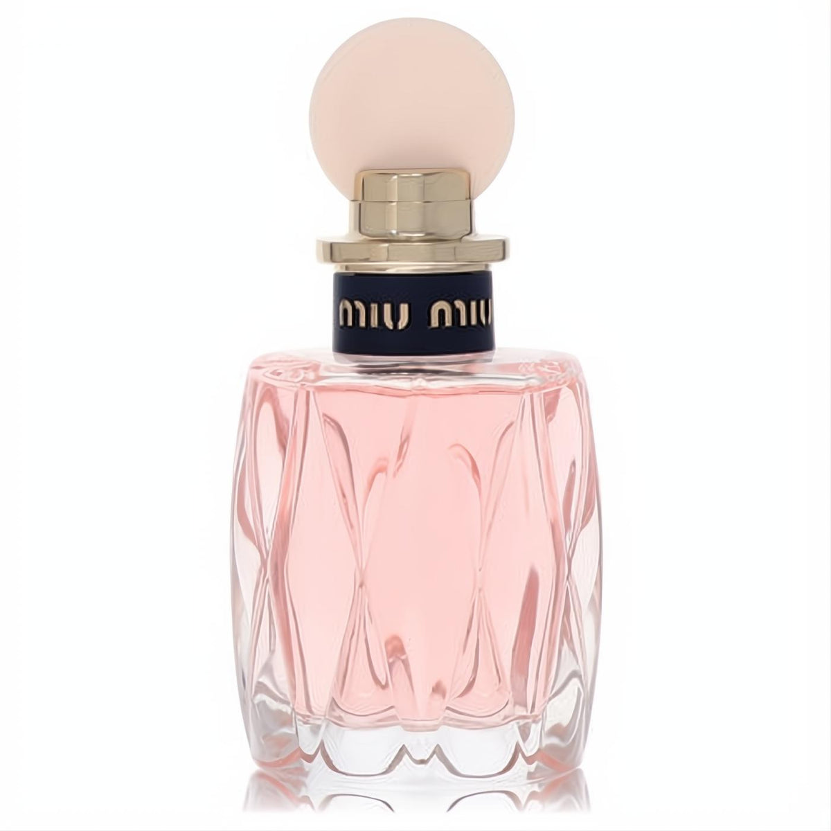 Miu Miu L'eau Rosee 3.4 oz EDT. Luxurious faceted glass bottle with delicate pink fragrance and a chic nude cap.