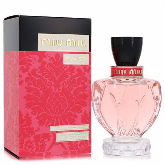 Miu Miu Twist Eau De Parfum: a stunning pink faceted glass bottle with a black cap, paired with its vibrant red and black ornate box.