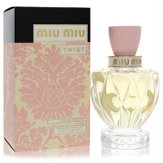 Miu Miu Twist 3.4 oz Eau De Toilette: luxurious clear faceted bottle with a distinct pink cap, next to its ornate pink & black box.