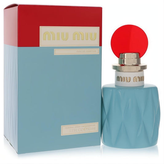 Chic Miu Miu Eau De Parfum 1.7 oz features a distinctive light blue faceted bottle, vibrant red cap, and elegant two-tone box.