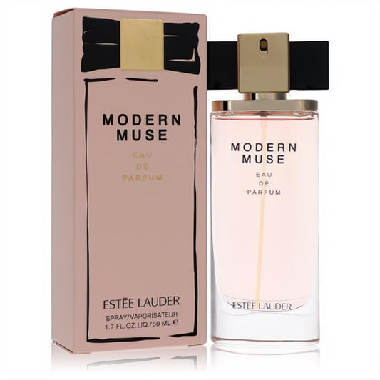 Modern Muse by Estee Lauder 1.7 oz EDP. Chic clear bottle with blush pink fragrance, elegant gold cap, black bow, and matching box.