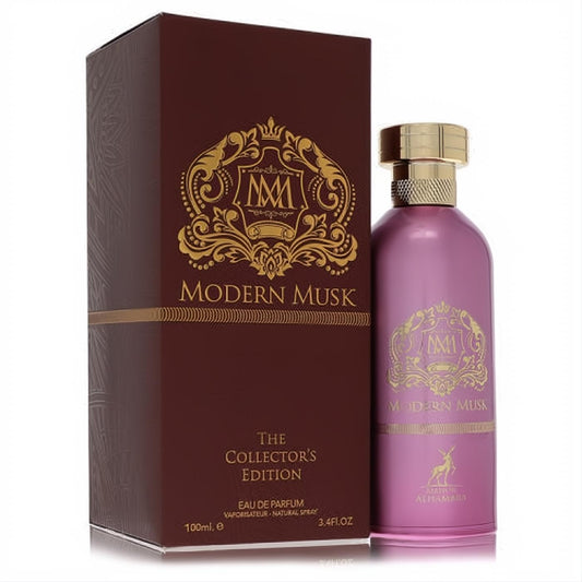 Maison Alhambra Modern Musk Collector's Edition unisex perfume, 3.4 oz. Elegant pink bottle, gold cap, luxurious burgundy box.