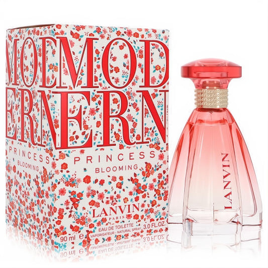 Elegant Lanvin Modern Princess Blooming 3 oz EDT. Unique pink ombre glass bottle with gold accents and a vibrant floral box.