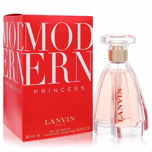 Luxurious Lanvin Modern Princess 3 oz EDP. Clear glass bottle with a unique dress design, gold accents, and a striking red box.