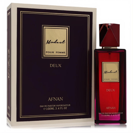 Luxurious Afnan Modest Pour Femme Deux 3.4 oz EDP. Vibrant deep red glass bottle, gold label, faceted cap, and elegant matching box.