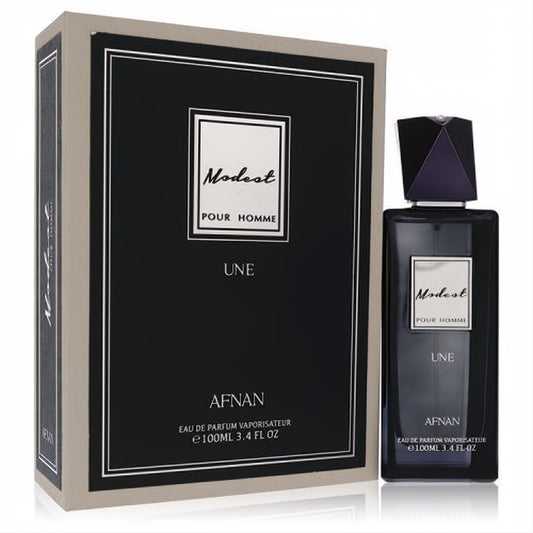 Afnan Modest Pour Homme Une 3.4 oz EDP. Sleek dark bottle with a faceted cap, presented in an elegant black and silver box.