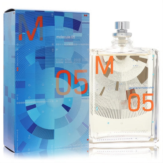 Escentric Molecules Molecule 05 unisex EDT. Modern clear glass bottle, silver cap, vibrant blue box with orange 'M' and '05' design.