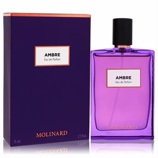 Discover Molinard Ambre Eau de Parfum, 2.5 oz. Stunning purple glass bottle and matching box with elegant gold details.