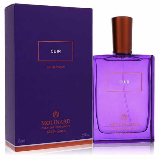 Captivating Molinard Cuir 2.5 oz unisex Eau de Parfum. Deep purple glass bottle, bronze cap, and elegant matching box.