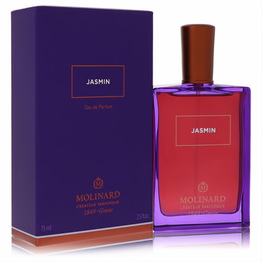 Molinard Jasmin 2.5 oz Eau de Parfum. Captivating red and purple glass bottle with bronze cap, paired with its elegant plum box.