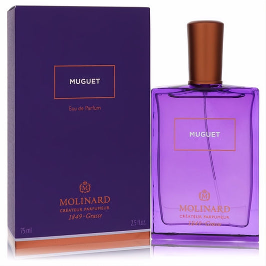 Molinard Muguet Eau De Parfum: 2.5 oz vibrant purple glass bottle with a chic copper cap, beside its elegant box.