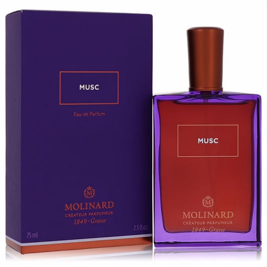 Experience Molinard Musc 2.5 oz unisex Eau De Parfum. Bold purple and red bottle with a sleek copper cap and elegant matching box.