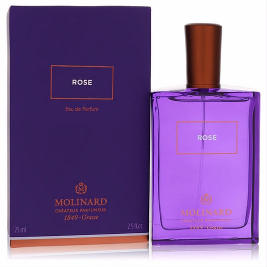 Unisex Molinard Rose Eau de Parfum, 2.5 oz. Vibrant purple glass bottle with sleek bronze cap and elegant matching box.