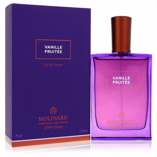 Molinard Vanille Fruitee 2.5 oz unisex Eau De Parfum in a vibrant purple glass bottle with bronze cap, next to its elegant indigo box.