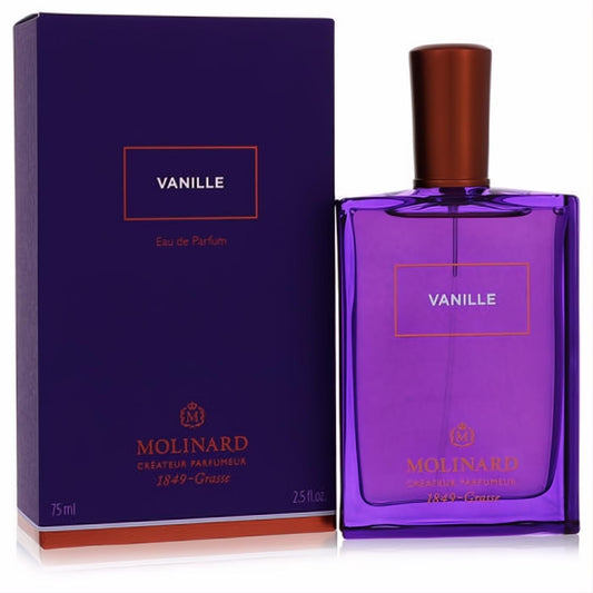 Molinard Vanille 2.5 oz unisex Eau de Parfum: a striking purple glass bottle with bronze cap, displayed with its sleek matching box.